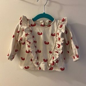 Kate Quinn Organic Cotton Red Nordic Bird Ruffle Top